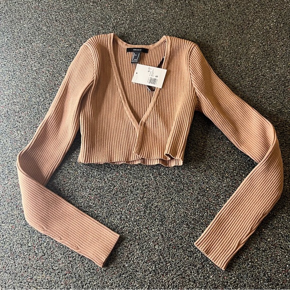 FOREVER21 NWT Beige Sparkly Ribbed Cropped Cardigan Knit Sweater Shrug Shirt S - Picture 10 of 16
